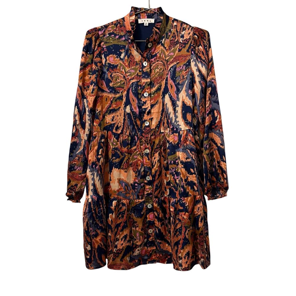 THML Navy Multicolor Metallic Print Ruffle Collar Button Down Mini Dress XS - Picture 2 of 8